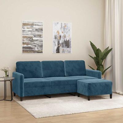 Vidaxl 3-Seater Sofa with Footstool, Blue, 180 Cm, Velvet