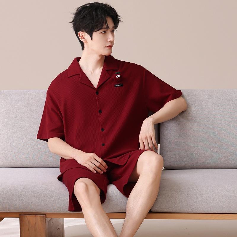 Couple Pajamas Summer Cotton Short-sleeved Nightgown Thin Wedding Wedding Burgundy Festive Natal Year Cotton Suit