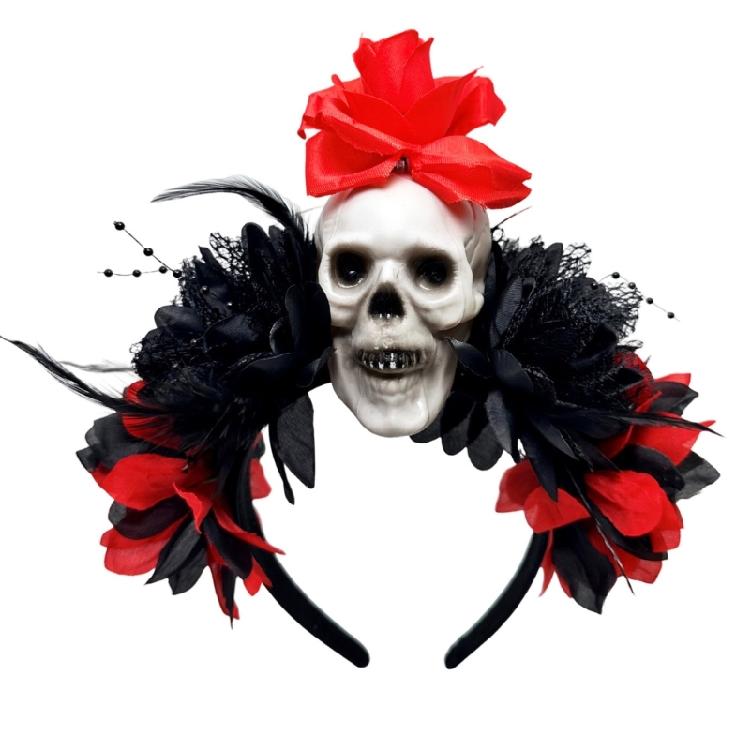 Punk Skull Hairband With Simulation Flower Halloween Headwear For Dancing Roleplay Event and Gothic Photography Supply