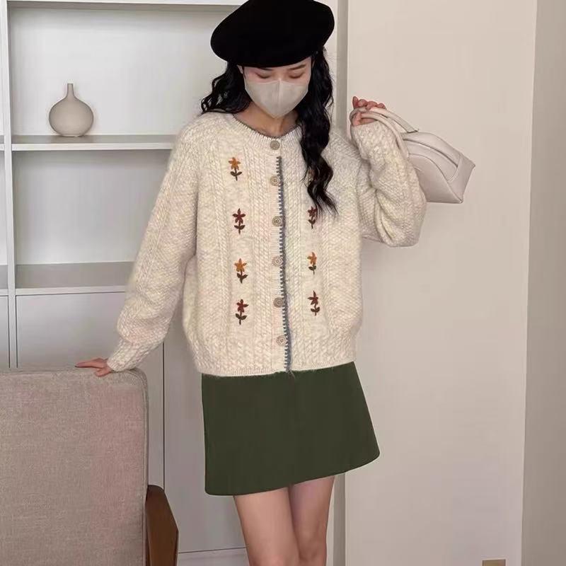 Japanese Soft Knit Round Neck Floral Embroidery Cardigan for Women - Autumn Winter Lazy Style Sweater Coat