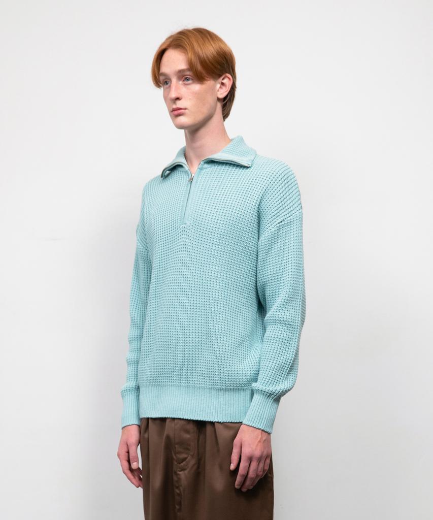 KNITTED Soft Cotton Heavy Waffle Half Zip Knit Sky Blue