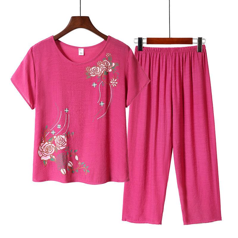 Women's Summer Thin Section Can Be Worn Outside Suit Middle-aged and Elderly Short-sleeved Comfortable Top + Seven Pants Casual Home Two-piece Set