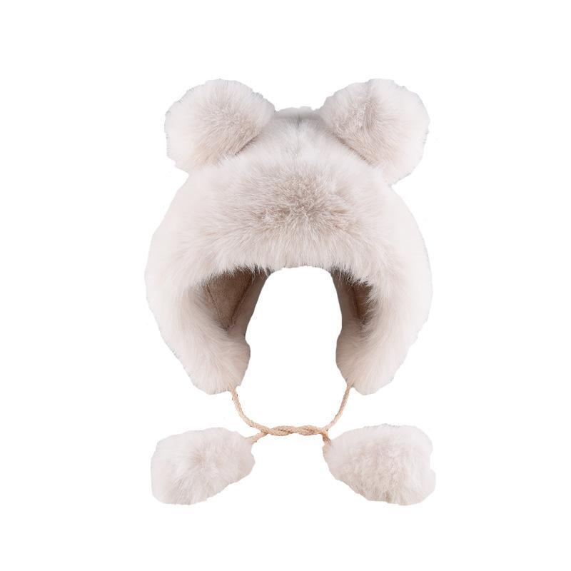 Niedliche Bärenohren Mütze Damen Herbst und Winter mit warmer Plüschmütze Weißer Ohrenschutz Pelzmütze Lei Feng