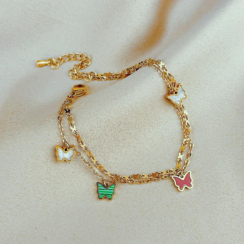 New Fashion Colorful Four Leaf Clover Anklet Women's Personalized Sexy Double Layer Anklet Titanium Steel Butterfly Anklet