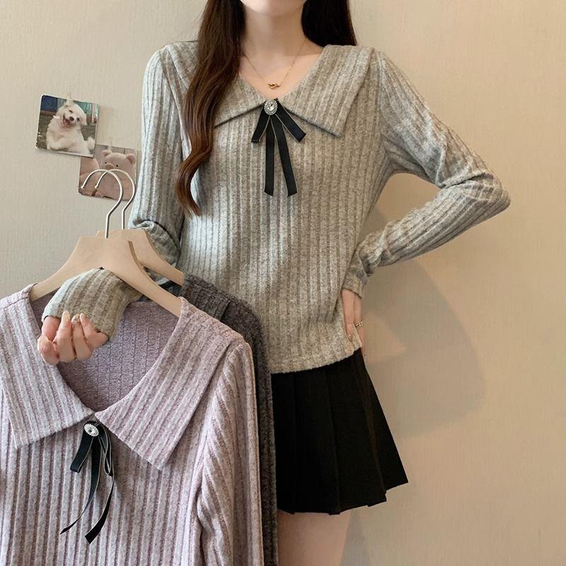 Tie Sweet Doll Collar Bow Tie Свитер, весна, осень и зима, облегающий прикрывающий свитер с длинными рукавами, трикотажные внутренние женские топы S