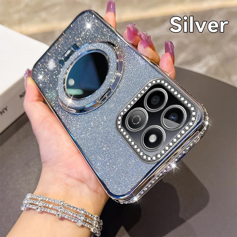 KEYSION Glitter Jewelled Magnetic Phone Case for HONOR X7c X8b X8A Makeup Mirror Stand Shockproof Cover for Honor 200 Smart 5G