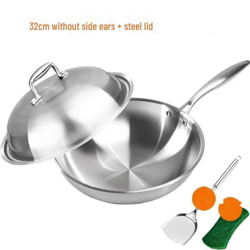 GOWKE 32cm Thickened 304 Stainless Steel Non-Coated Wok