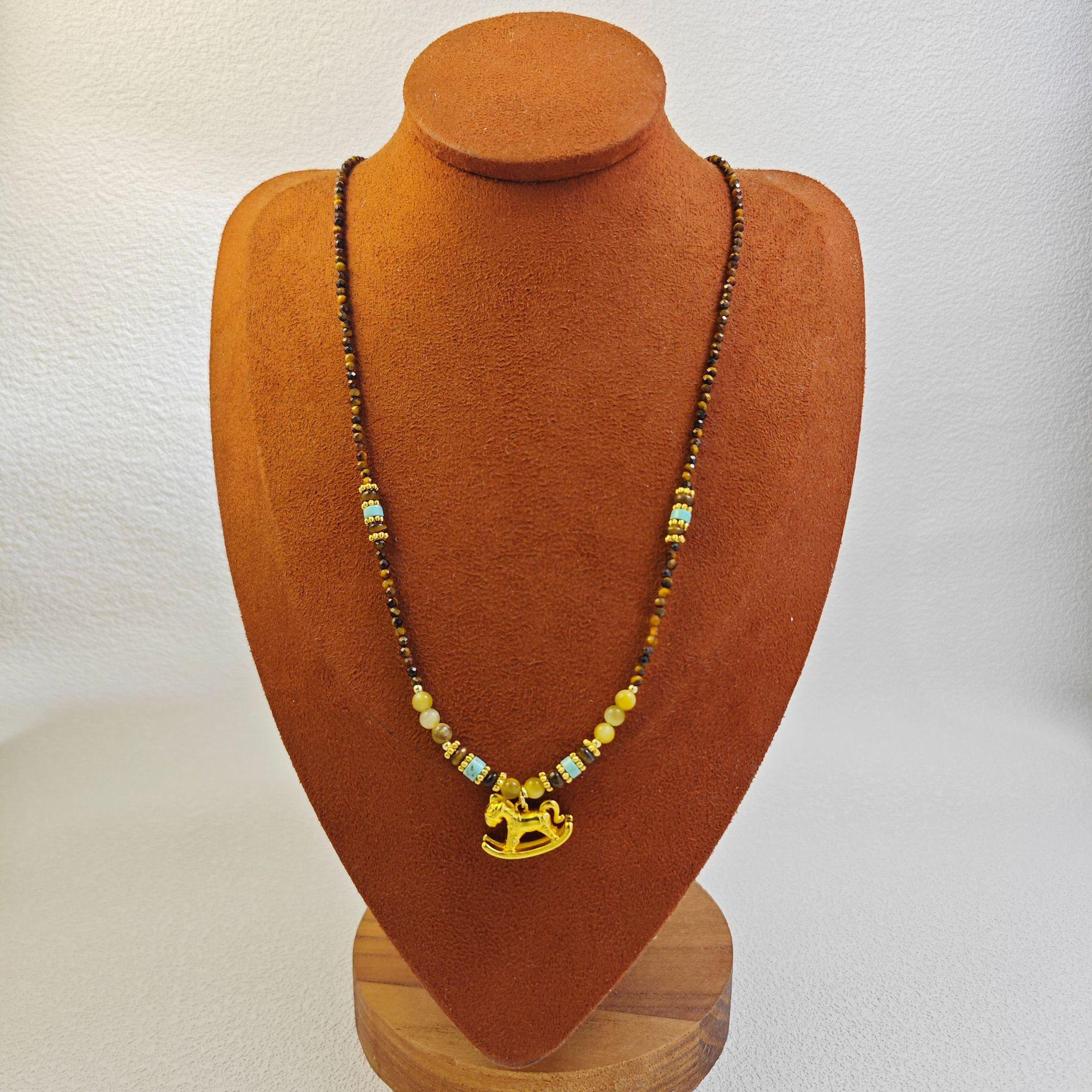 

Vintage Tiger Eye Stone Necklace with Gilded Rocking Horse Pendant - 2025 Elegant Design Clavicle Chain.
