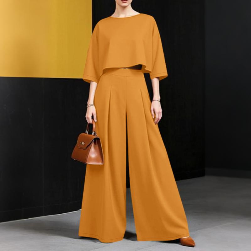 

ZANZEA Женская блузка с рукавом 3/4 и брюки с широкими штанинами Повседневные костюмы-двойки S оранжевый