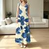 Women's U-Neck Sleeveless Blue White Fresh Print Flowy Long Dress Summer Beach Vacation Casual Outing,Loose Fit Flared Hem