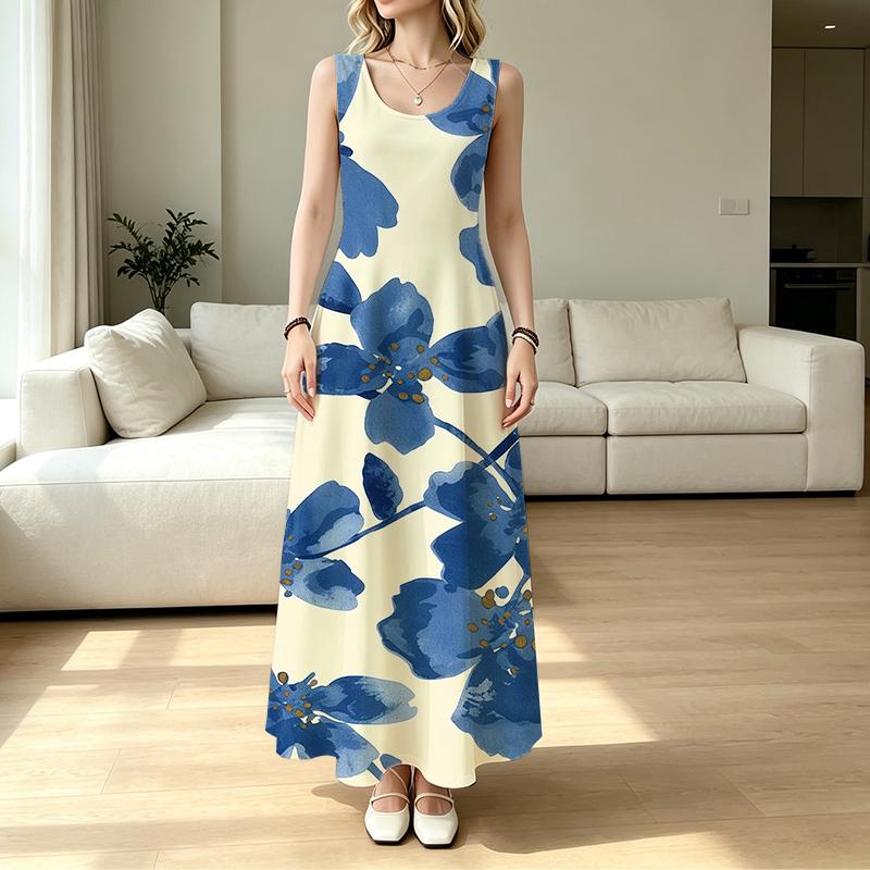 Women's U-Neck Sleeveless Blue White Fresh Print Flowy Long Dress Summer Beach Vacation Casual Outing,Loose Fit Flared Hem