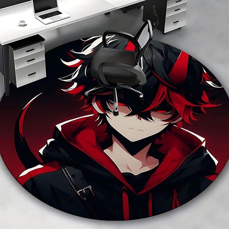 1pc Anime Design Round Carpet - Red and Black Devil Theme Chair Mat for Office, Home Decor, Living Room