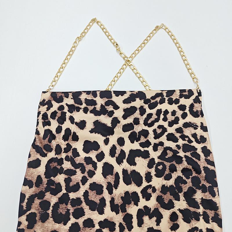 European & American Leopard Print Backless High Slit Dress