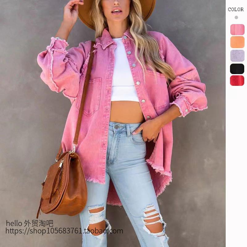 Factory Direct Autumn Long-sleeved Denim Jacket Women's Washed Rough Edge Medium and Long Loose Jacket In Stock