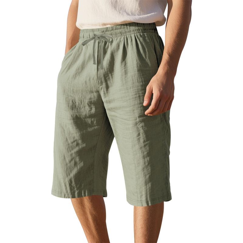 Summer Loose and Simple Solid Color Seven Quarter Pants Cotton and Linen Breathable Casual Sports Beach Men’s Shorts