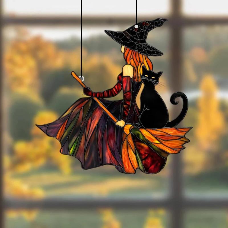 Gothic Acrylic Witch &Black Cat Suncatcher, Halloween Window Decoration Wind Chime, Broom Witch Hanging Ornament For Home &Party