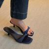 Leather French high-heeled square-head one-word slippers for women's outer wear 2025 new summer open-toed stiletto sandals