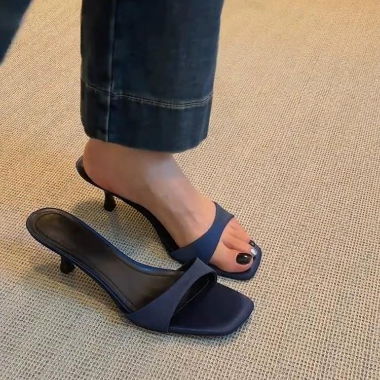 Leather French high-heeled square-head one-word slippers for women's outer wear 2025 new summer open-toed stiletto sandals