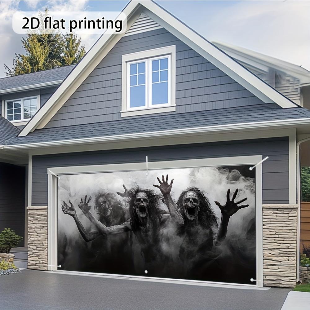 2D door banner, 1pc classic Halloween Ghoul garage door cover - Ghost Zombie reach design, durable polyester
