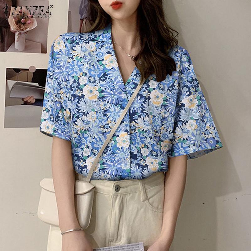 

ZANZEA Женская повседневная летняя блузка с короткими рукавами и зубчатыми лацканами