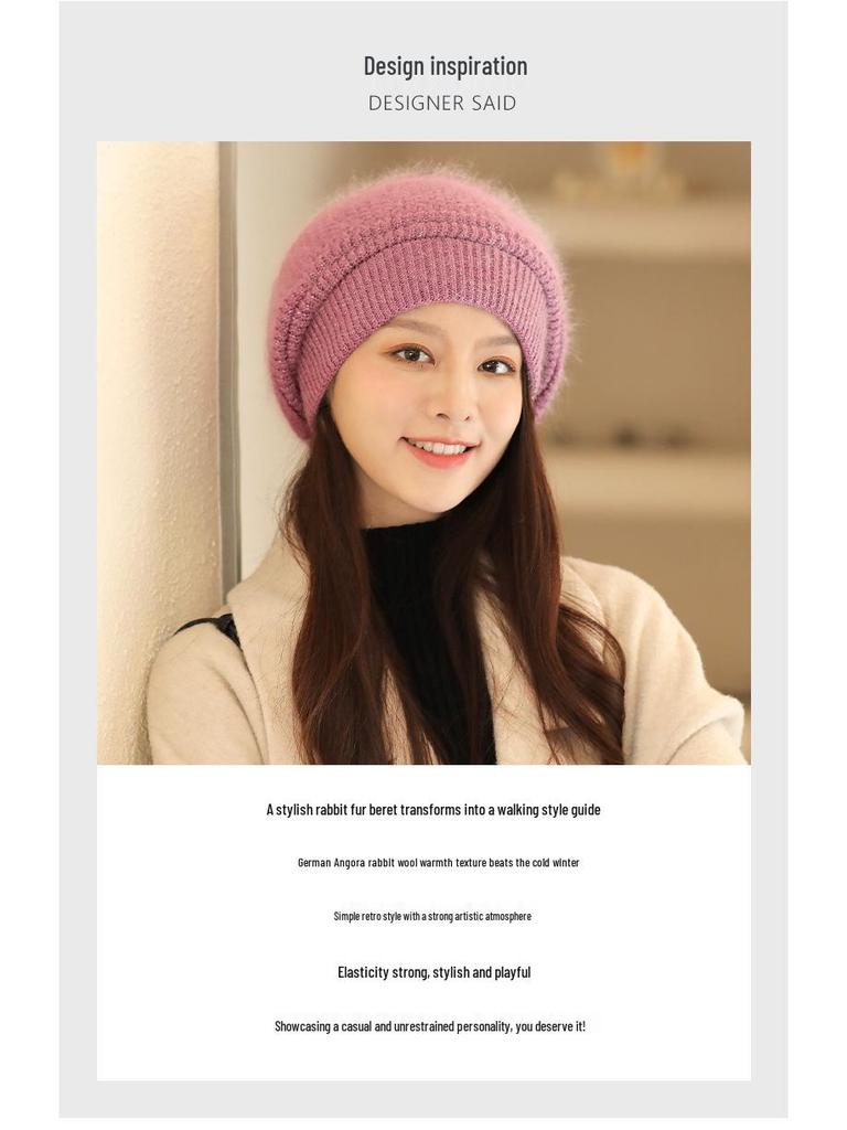 Women's Double-Layer Warm Rabbit Hair Knit Hat with Ear Protection - Japanese Style for Autumn & Winter