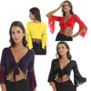 Women Belly Dance Costume Lace Patchwork Flare Sleeve Bell Bead Tassel Lace-Up Shawl Crop Tops Cardigan