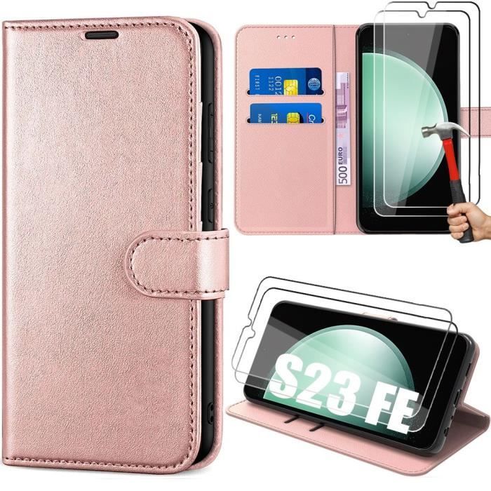 Coque de protection - BOOLING - pour Samsung Galaxy S23 FE - Rose - Antichoc en Cuir PU - 2 Verres Trempés