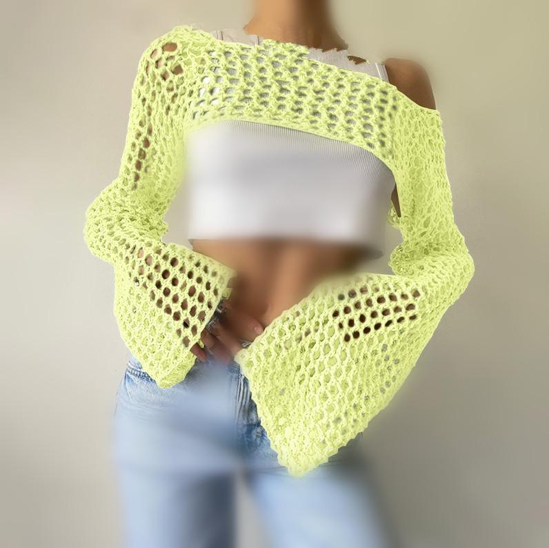 2025 Autumn Women's Ultra-Short Hand-Hooked Mesh Sweater with Trumpet Sleeves