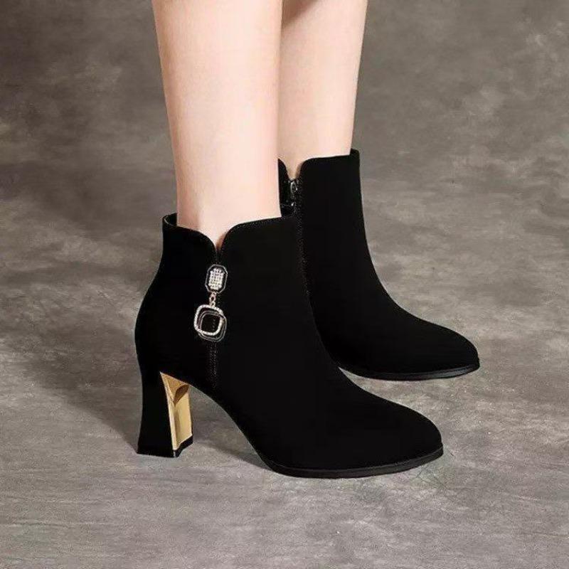 

Замшевые короткие ботинки женские осенне-зимние новые темпераментные ботинки женские средний каблук квадратный и ботинки Мартин боковая молния острый носок женские ботинки 41 чёрный