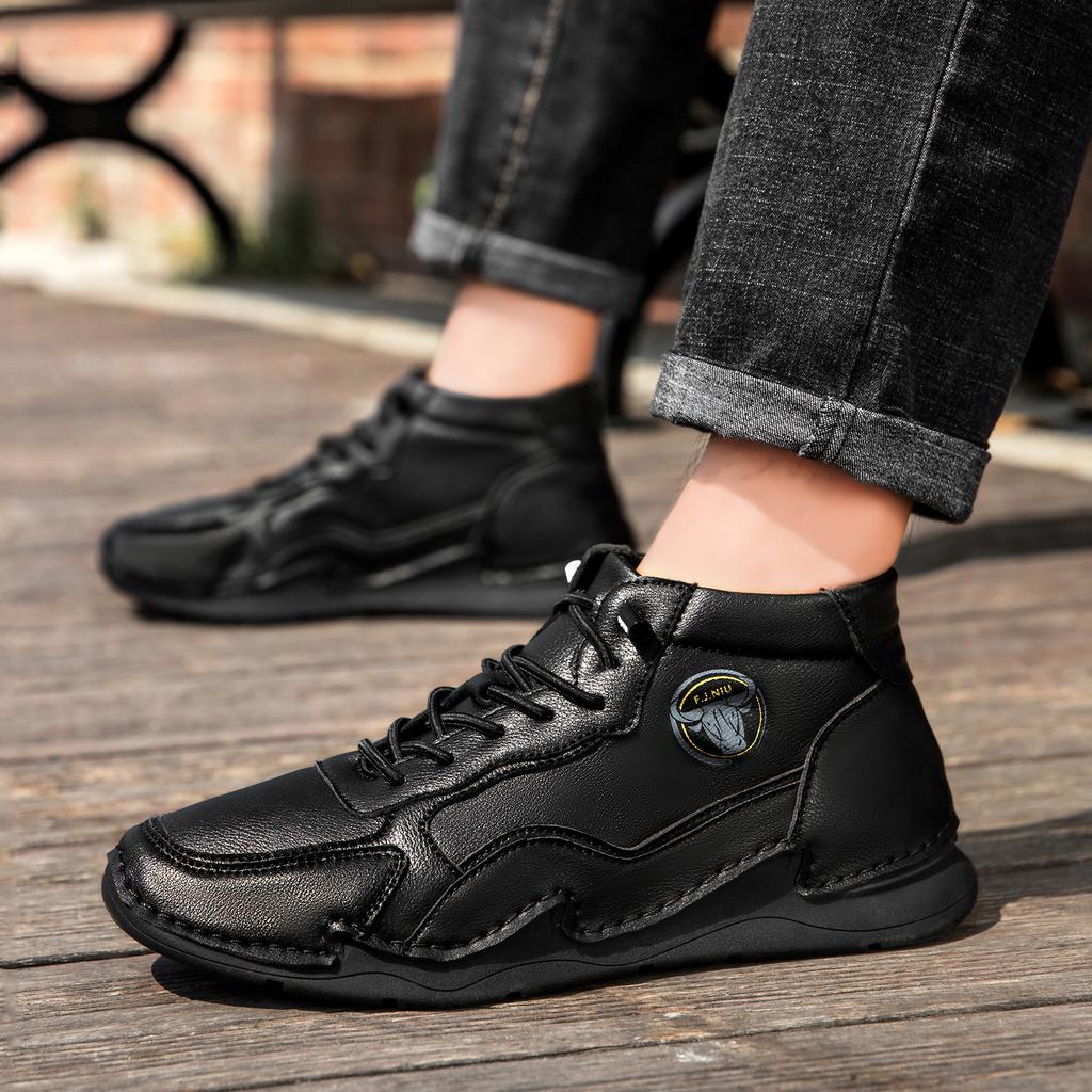 Men's Shoes Split Leather Shoes Lace Up Outdoor Casual Shoes Comfortable Flat Shoes Fashion Sneakers