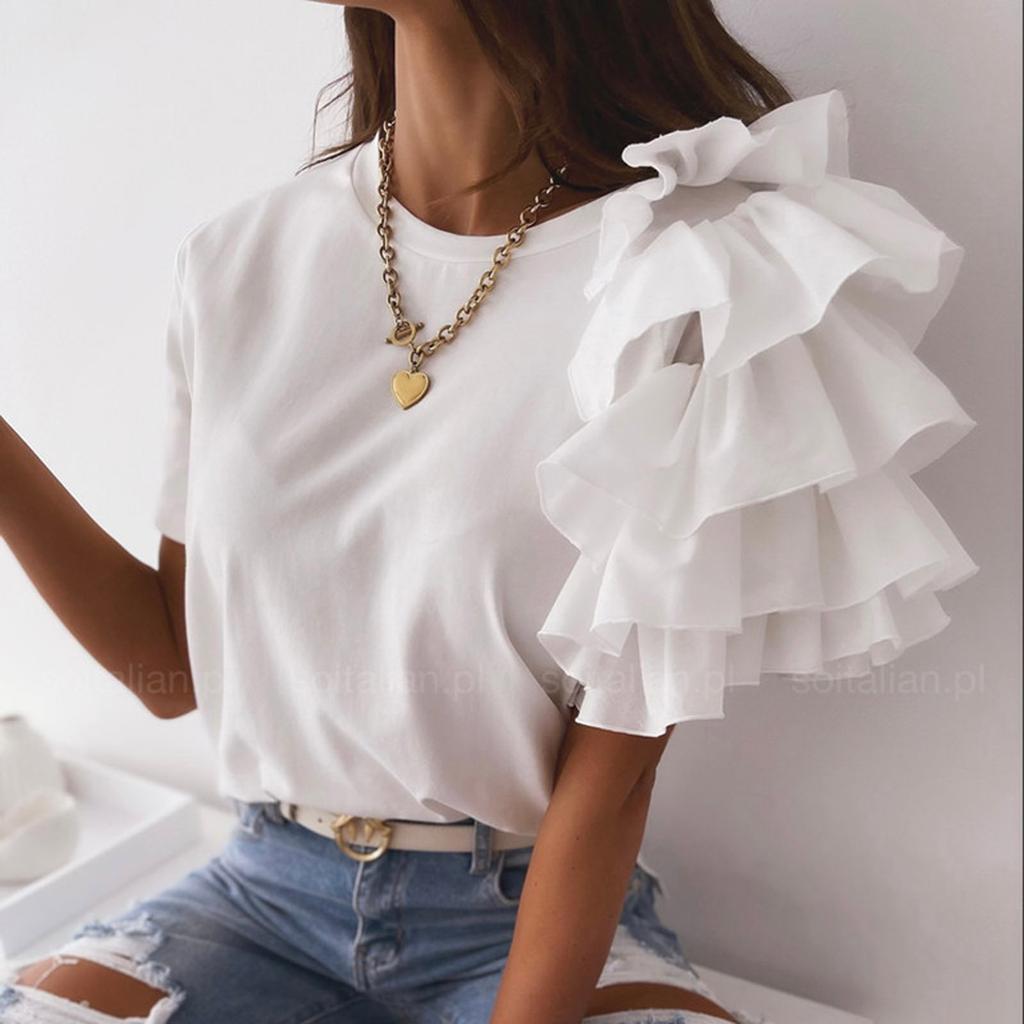 Fashion Women's Summer Ruffle Short Sleeves Round-Neck Casual Tee Tops