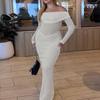 ZXPFO Hot-selling Temperament Evening Dress Dress Sexy Waist One-word Shoulder Texture Long-sleeved Dress