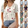 Dámská móda Květinový potisk Top Krátký balónkový rukáv Výstřih do V Volné ležérní tričko