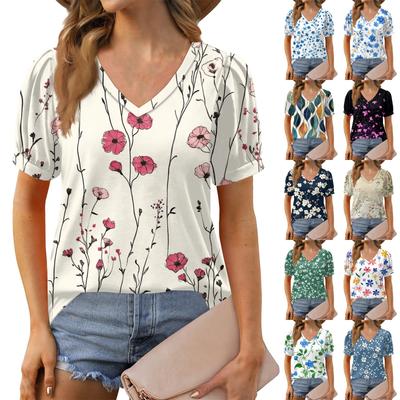 Women's Fashion Floral Print Top Puff Short Sleeve V-neck T-shirt Loose Casual T-shirt