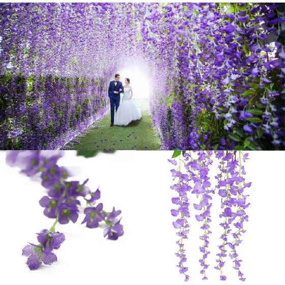 8pcs Artificial Flowers Silk Wisteria Vine Ratta Silk Hanging Flower Wedding Decor (Purple)