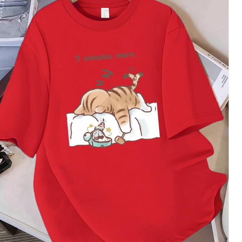 Women T-Shirt Cotton Summer The Cat That Always Wants To Sleep Pattern Prints T Shirt O-Neck Soft Loose Tops Basic Woman Clothes