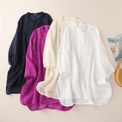 3229 Women's Cotton Linen Embroidered Oversized Sun Protection Shirt - Lightweight & Breathable, Retro Seven-Sleeve Summer Style
