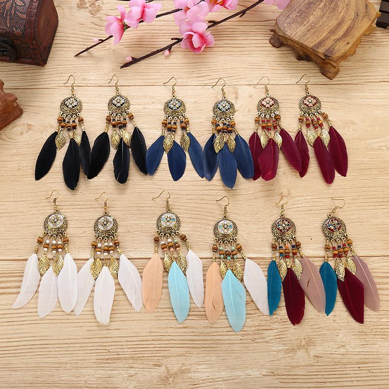 Bohemian Vintage Zircon For Women 2024 Trendy Carved Leaf Feather Tassel Long Earrings