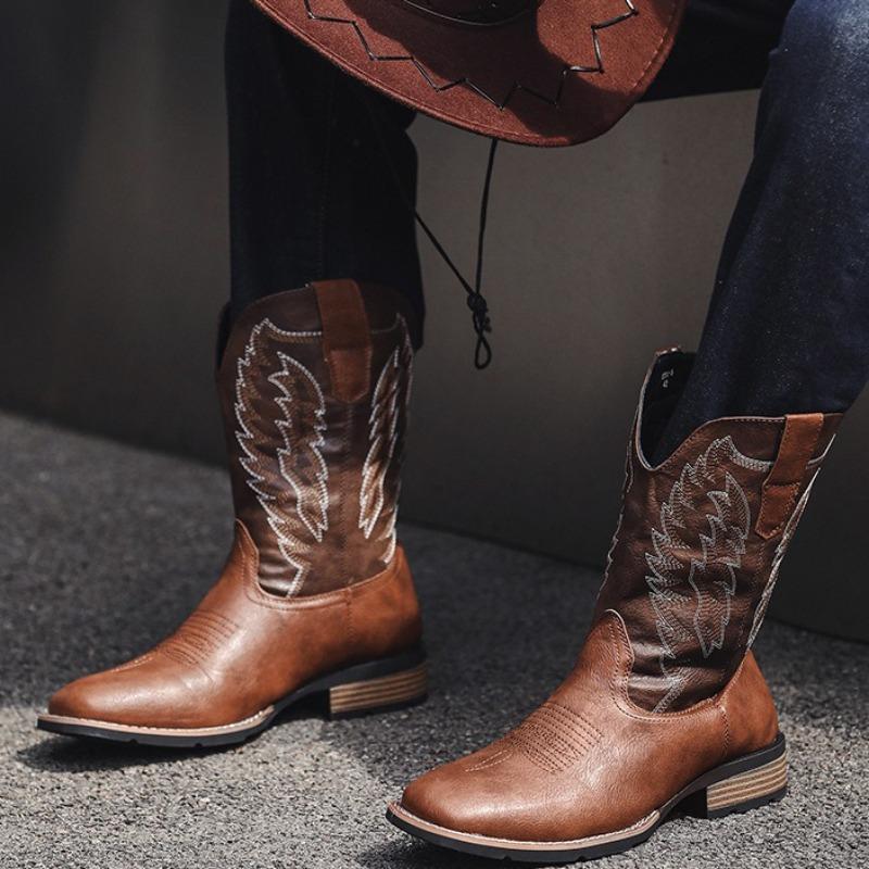Fashion Retro Men's Boots Classic Handmade Embroidery Western Cowboy Boots Fashion Casual Leather Boots Men's Mid-Calf Motorcycle Botas