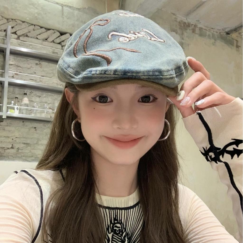 Japanese Retro Bow Washed Denim Beret Women'S Summer Versatile Big Head Circumference Forward Hat Showing Face Small Painter Hat