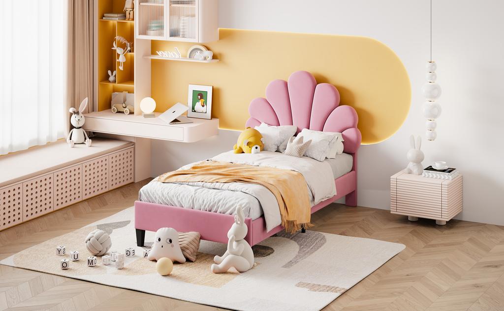 Gepolstertes Kinderbett 90 x 200 cm, Bettgestell mit blumenförmigem Kopfteil und Lattenrost, Hautfreundlicher Samtstoff, Gästebett (Farbe: Rosa)
