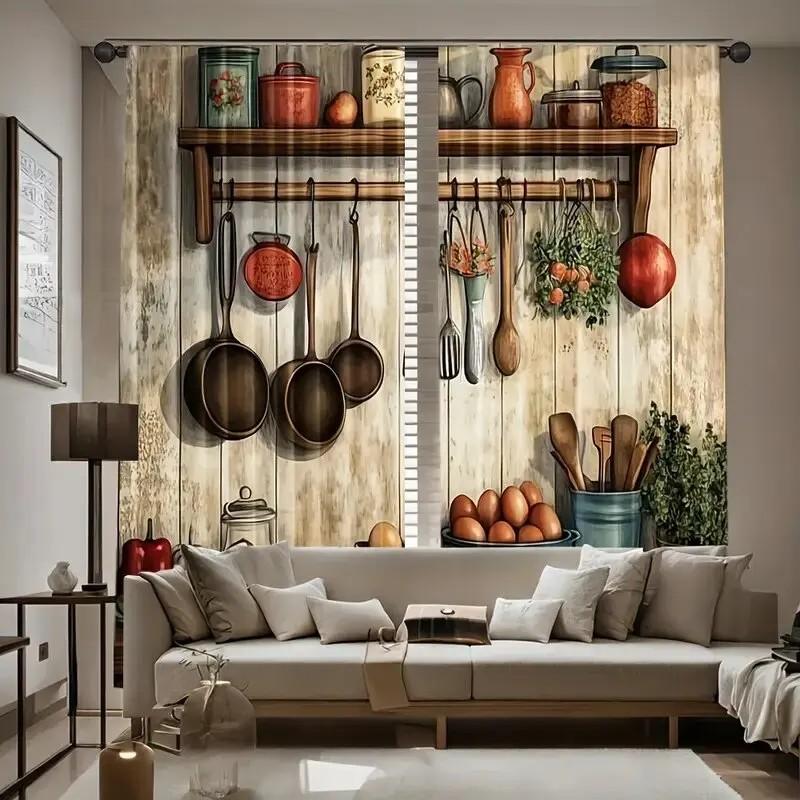 2pcs Rustic Kitchen Utensil Curtains   Design Drapes for Window  Home Decor   Rod Pocket Curtains