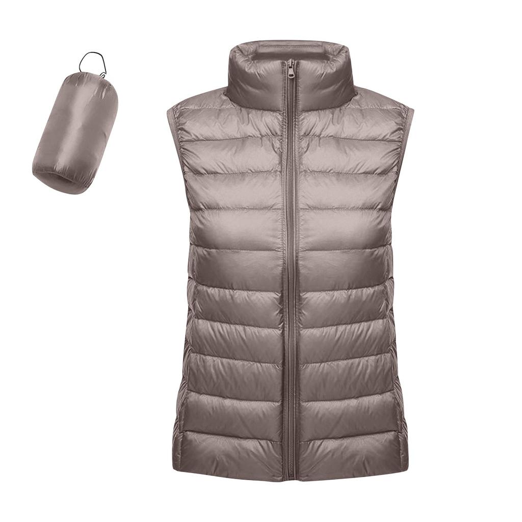 Women's Lightweight Down Jacket, Solid Color, Stand Up Collar, Down Vest With Pockets