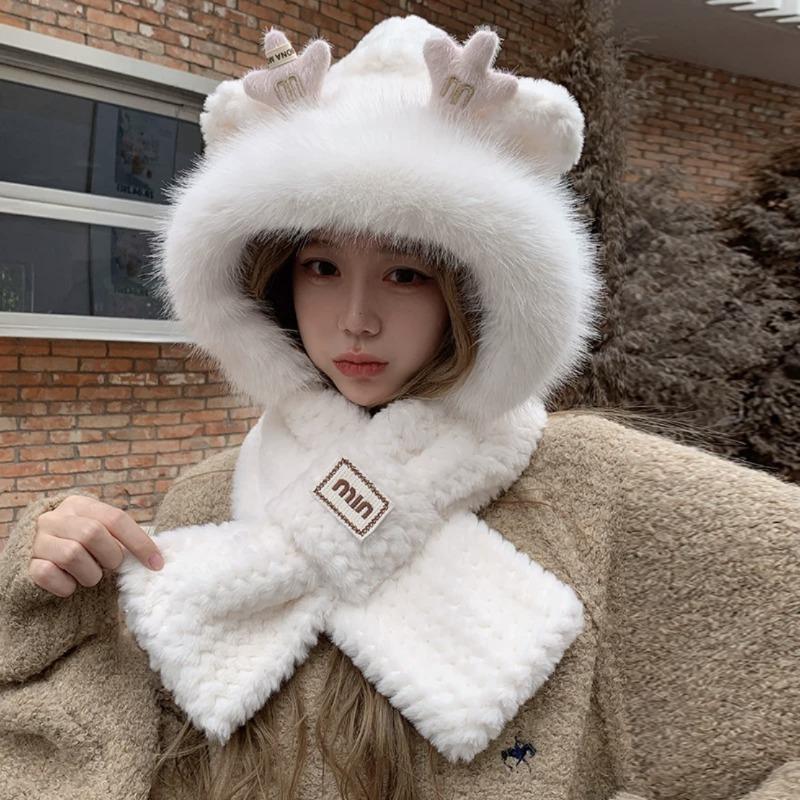 Hat female autumn and winter cute thickened fluffy scarf ear protection big head circumference show face small atmosphere scarf hat