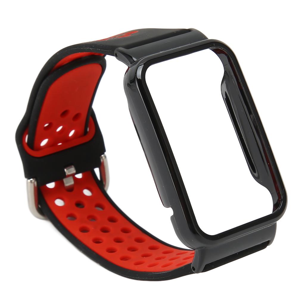 Breathable Silicone Watch Strap Band with Protective Bumper Case Accessory Fit for Mi Band 7 Pro Black Red and Black