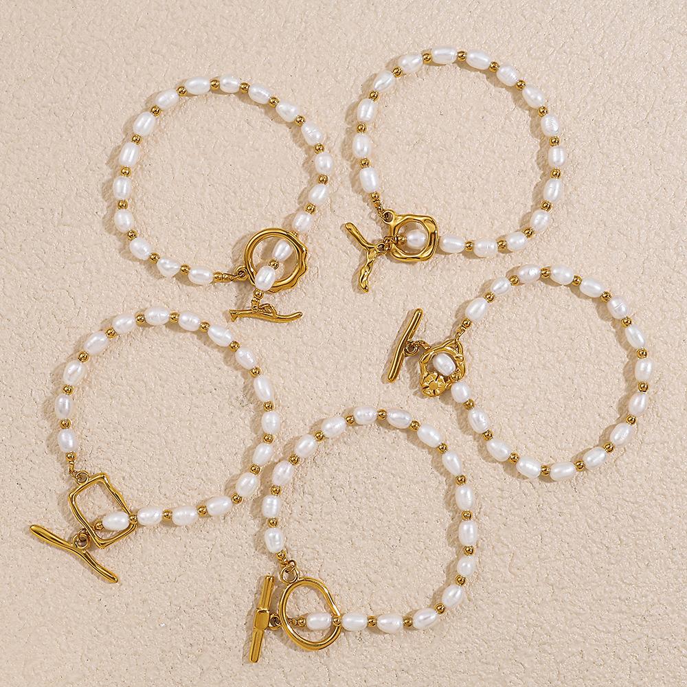 Stainless Steel Freshwater Pearl OT Buckle Necklace Bracelet Set Simple Gold Plated Necklace Bracelet