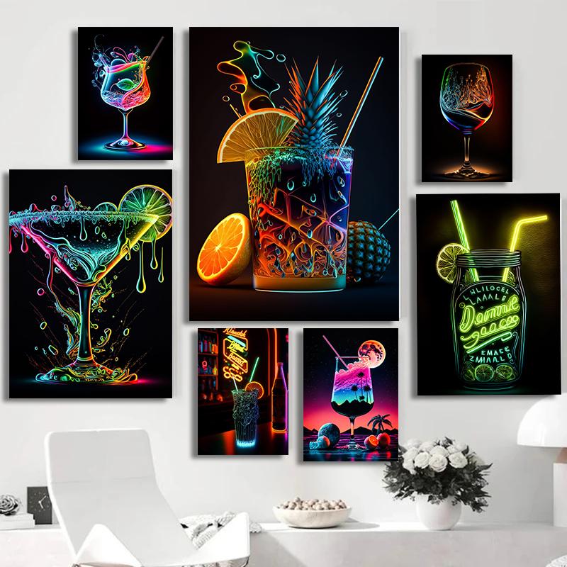 Cocktails Drink Fruit Neon Sign Posters and Prints Canvas Painting Wall Art Picture for Wine Shop Bar Club Room Home Decor