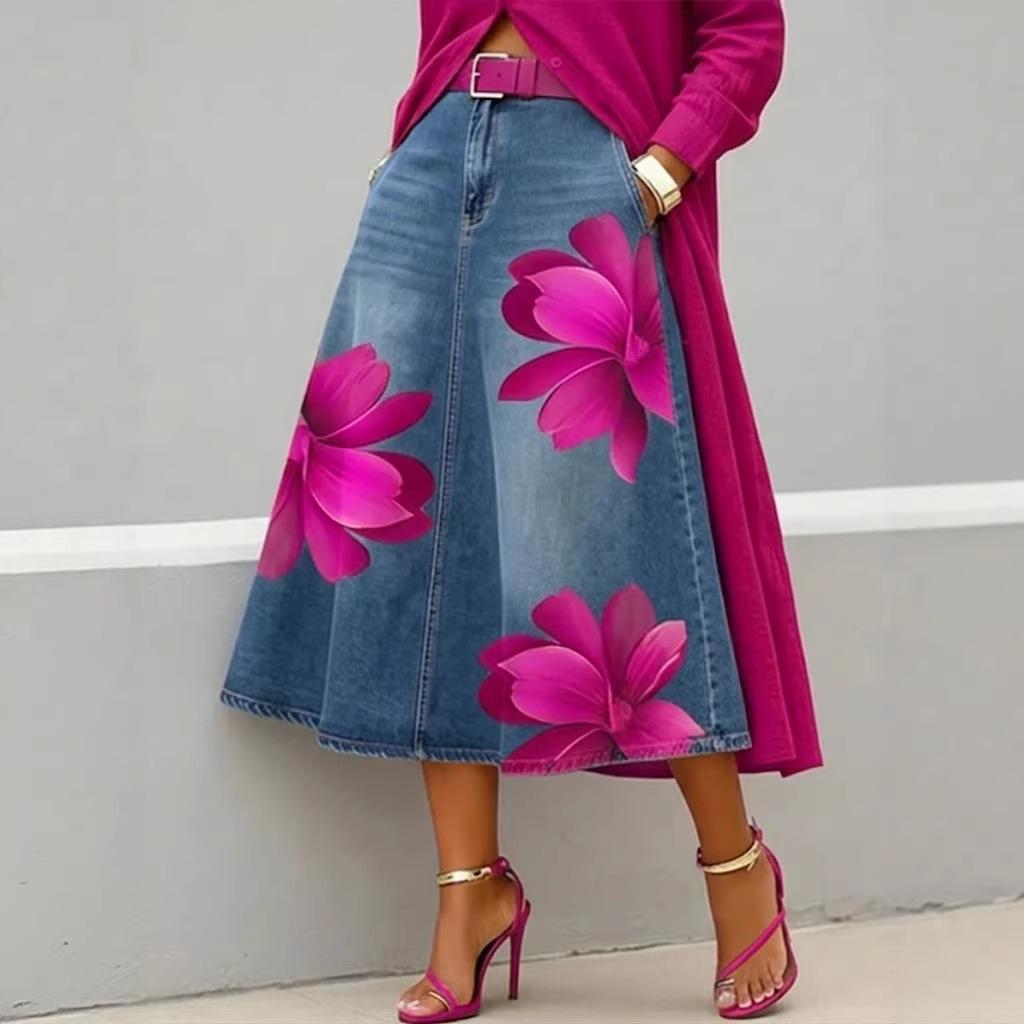 Dames Casual Mode Imitatie Denim Bloemenprint Midi Halve Rok