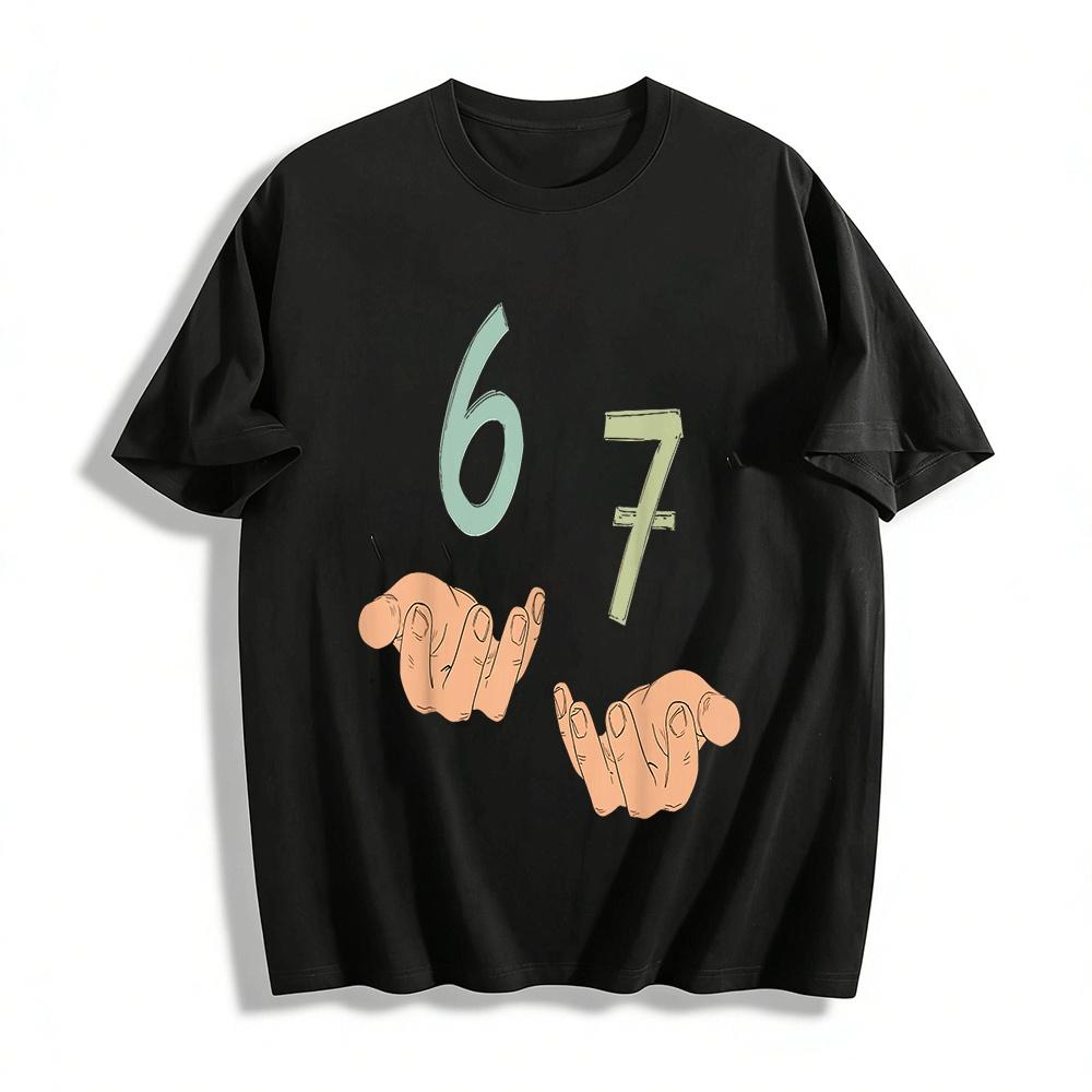 Fun Number 67 Gesture Print Casual Top Pure cotton T-shirt XXS