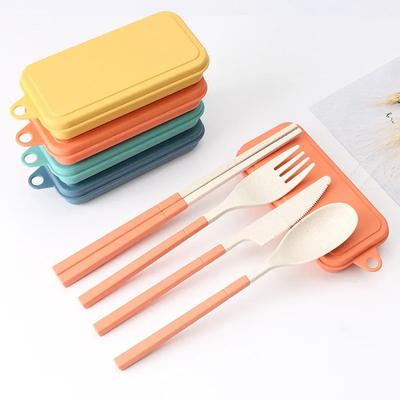 Portable Tableware Set - 4Pcs Knife Fork Spoon Chopsticks Travel Cutlery, Eco - Friendly Utensil Box, Wheat Straw